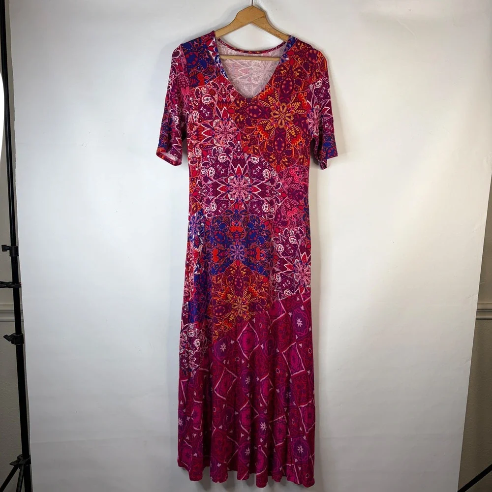 Soft Surroundings Maxi Dress Women Small Pink Mandala Geometric V-Neck Boho